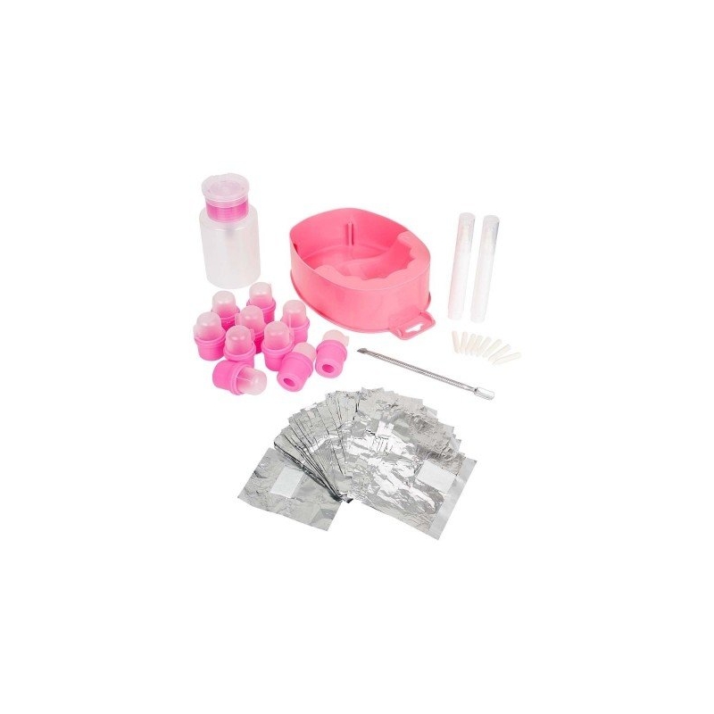 Kit bol manichiura, dozator acetona, 10 capsule pentru degete, instrument metalic, 20x folie aluminiu - 1
