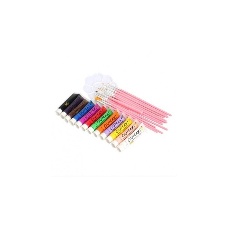 Kit 12 vopsele acrilice oumaxi, 15 pensule, paleta acril - 1