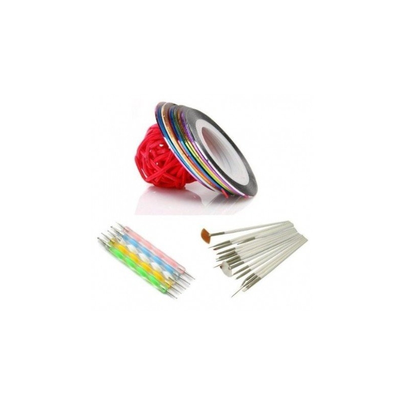 kit 10 benzi decorative, 5 punctatoare, set 15 pensule - 1