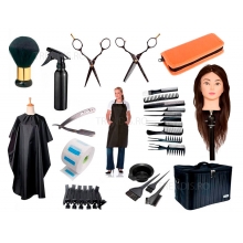 Set kit frizerie coafor Belle cu geanta echipata, cap practica manechin si foarfeci tuns filat