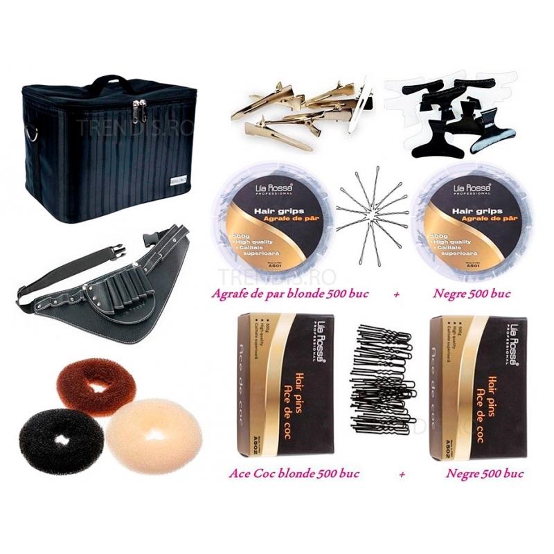 Set kit frizerie coafor complet superb plus cu geanta echipata borseta brau ace agrafe si bureti pentru coc