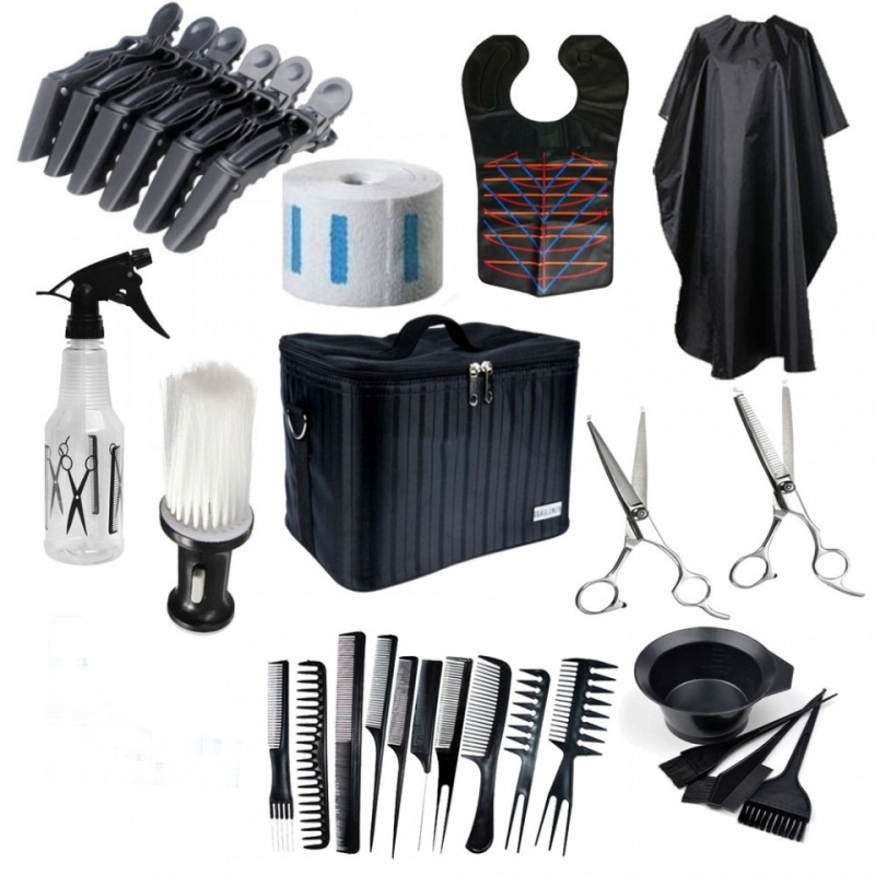 Set kit frizerie coafor foarfeca tuns filat pelerina vopsit piepteni geanta
