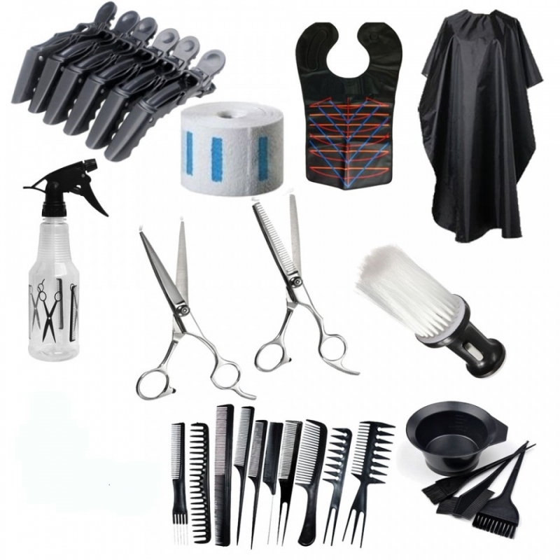 Set kit frizerie coafor foarfeca tuns filat pelerina tuns vopsit pieptene barba
