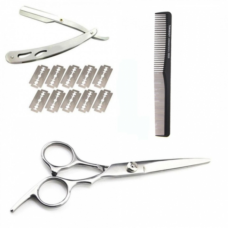 Set foarfeca de tuns cu brici din otel inoxidabil 10 lame si pieptan barba