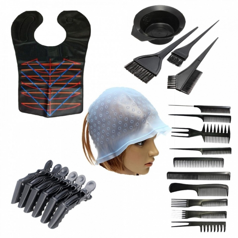 Set complet pentru vopsit parul cu casca suvite pelerina clipsuri bol si pensule