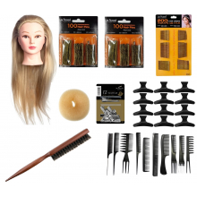 Set kit frizerie coafor complet Magic blond cu manechin salon agrafe ace de coc si agrafe - 1