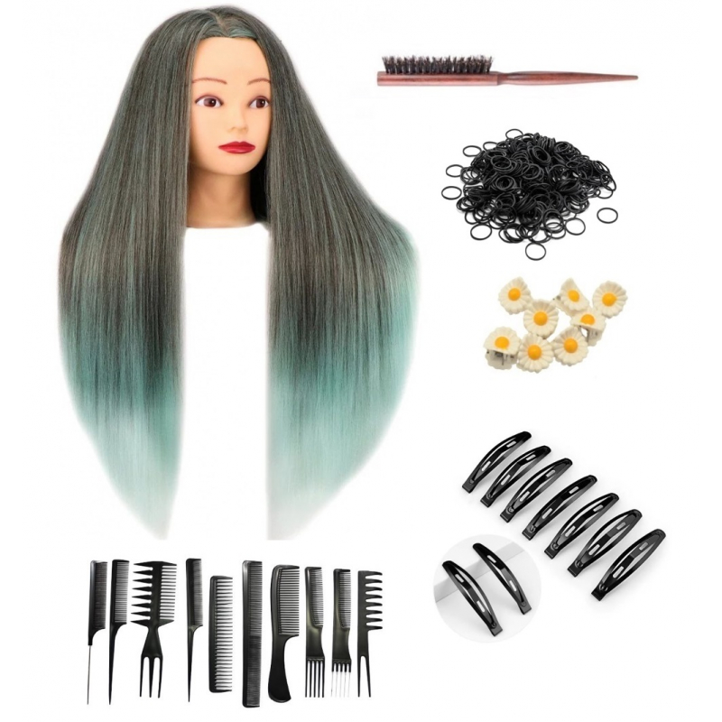 Set Kit Coafor, Cap Manechin Colorat Gri cu Turcoaz, Set de 10 Pieptani - 1