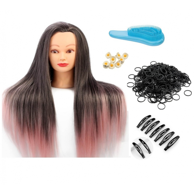 Kit Coafor Pink pentru Exersarea Impletiturilor, Cap Manechin Colorat cu Suport de Prindere - 1