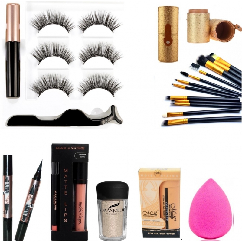 Kit Make-up, cu Set de 3 Perechi de Gene,Tus, Pigment,Corector,Ruj,12 Pensule si Burete de Make-up - 1