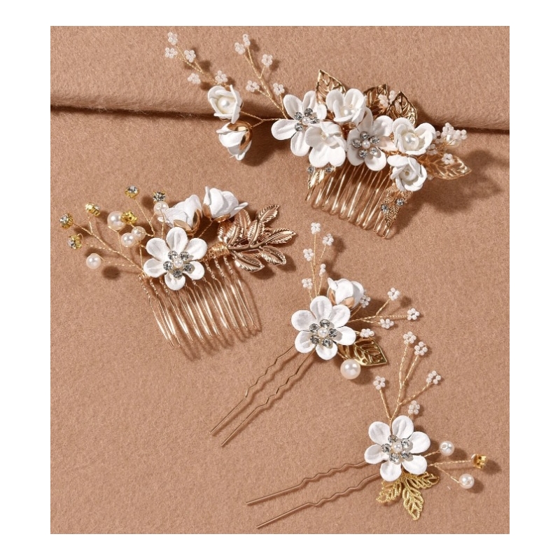 Set Ace si Piepten pentru Coc Faux Pearl Flower - 4Buc - 1