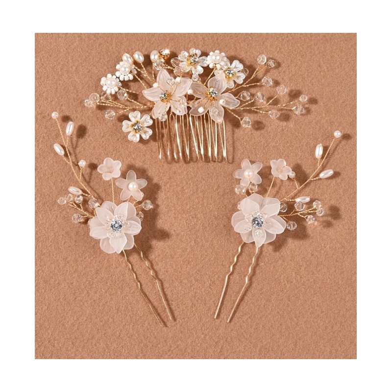 Accesoriu Mireasa Ace Coc si Piepten Faux Pearl & Flower - 3 buc - 1