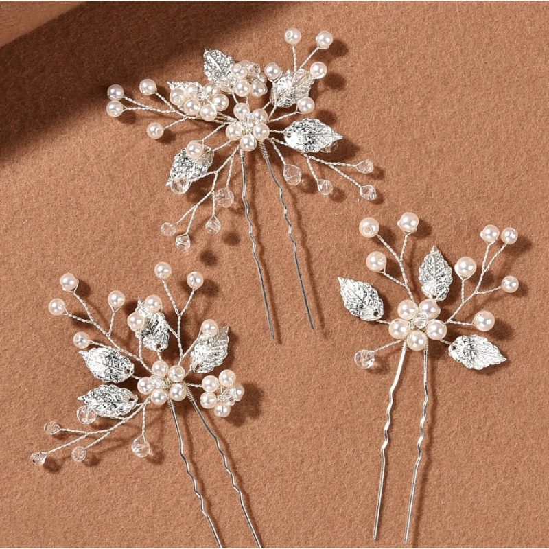 Ace de Coc Bridal Silver Flower Hairpin, Set 3 Piese - 1