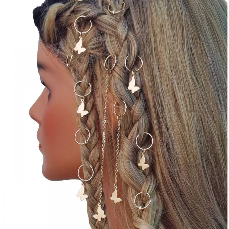 Accesorii pentru Codite Afro, Box Braids, Inele si Fluturi, Set 12 Bucati Gold - 1