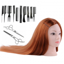 Set Frizerie Hair Master, Cap Manechin - 50% Par Natural, Foarfece de Tuns si Filat, Set 10 Piepteni