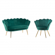 Set Freya pentru Frizerie/Coafor,  Canapea si Fotoliu, Velur Verde, Picioare Aurii