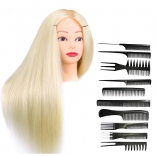 Cap Manechin cu Par Blond 50% Natural 50 cm + Suport Prindere si Set 10 Piepteni pentru Coafat sau Tuns